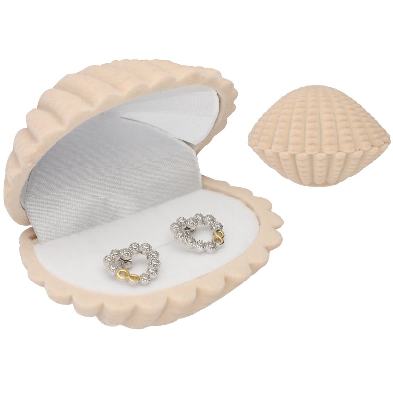 PUDEŁECZKO WELUROWE KREMOWE MUSZELKA KOLCZYKI PIERŚCIONEK