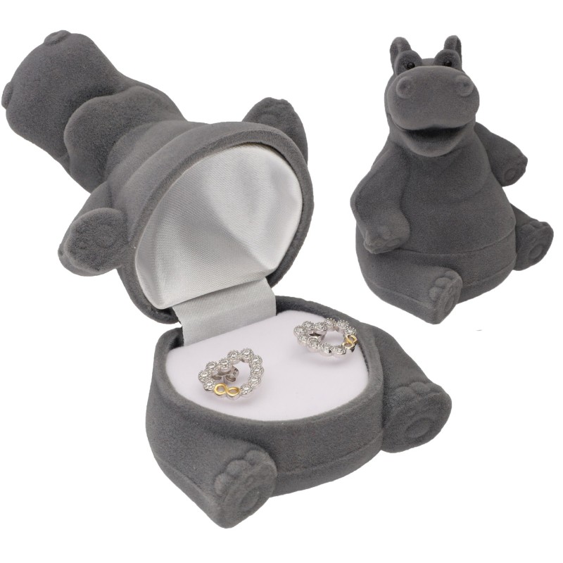 PUDEŁKO WELUROWE SZARE NA KOLCZYKI PIERŚCIONEK HIPOPOTAN